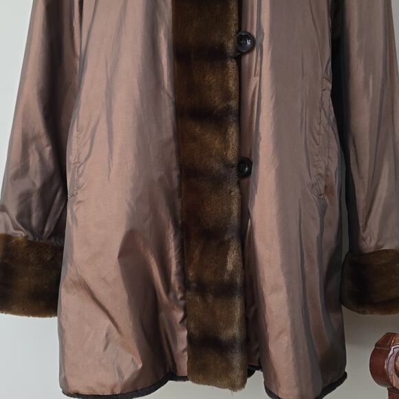 Dennis Basso Chocolate Brown Coat Large Faux Fur Hood Tafetta jacket - Picture 3 of 8